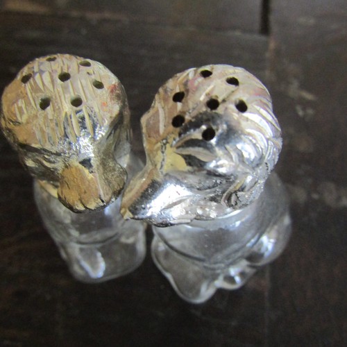 566 - Pair of Canine Motif Salt and Peppers Silver Plated and Crystal Each 3 Inches High Approximately