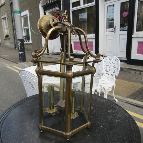 589 - Cast Brass Hall Lantern with Inset Glazed Panels Electrified with Original Ceiling Rose Lantern Appr... 