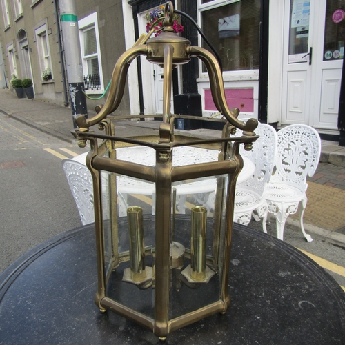 590 - Matching Cast Brass Hall Lantern with Inset Glazed Panels Electrified with Original Ceiling Rose Lan... 