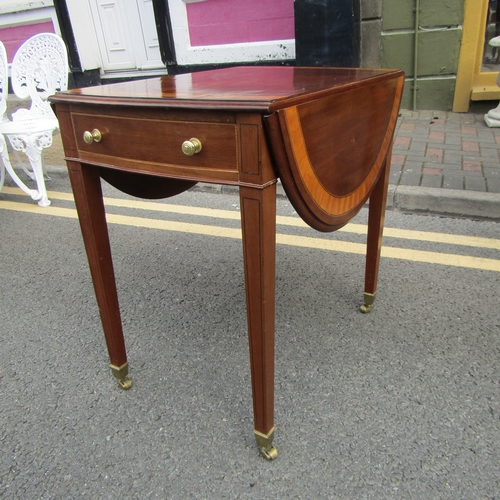 593 - Mahogany and Satinwood Crossbanded Bow End Pembroke Table Single Drawer above Tapering Supports