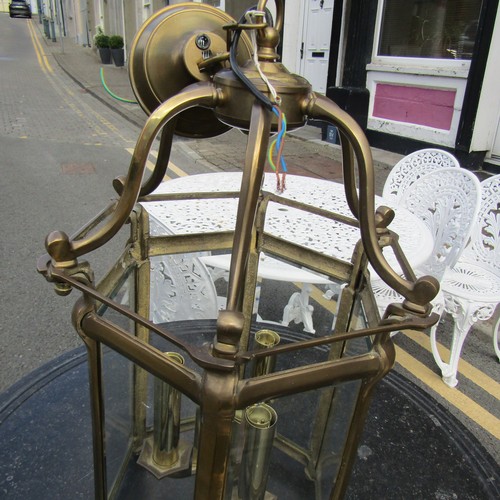 589 - Cast Brass Hall Lantern with Inset Glazed Panels Electrified with Original Ceiling Rose Lantern Appr... 