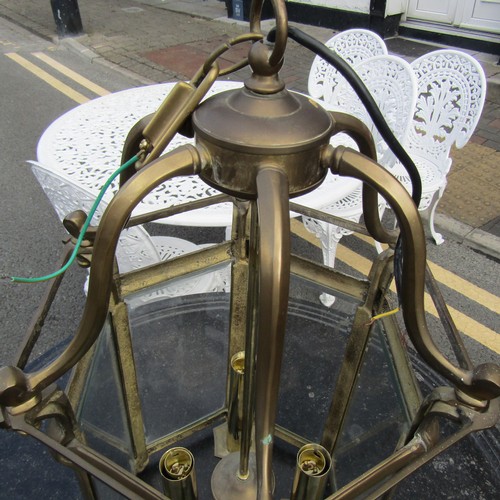 590 - Matching Cast Brass Hall Lantern with Inset Glazed Panels Electrified with Original Ceiling Rose Lan... 