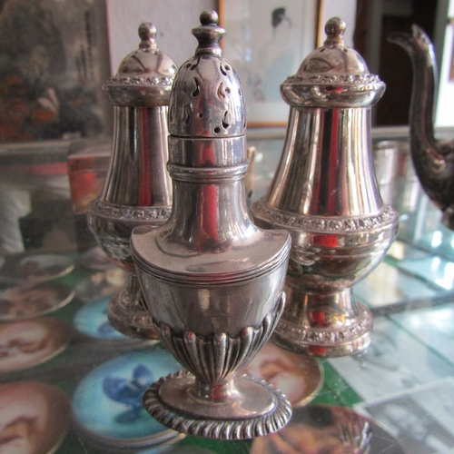 611 - Silver Pedestal Form Salt Shaker and Pair of Silver Plated Examples Three in Lot