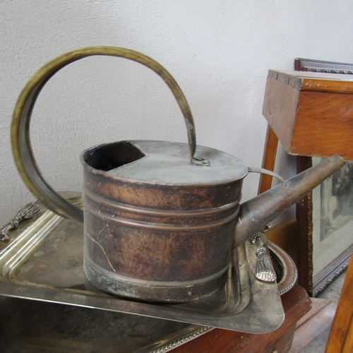 618 - Copper Watering Can and Two Silver Plated Serving Trays One with Ribbon Motif Decoration Three Items... 