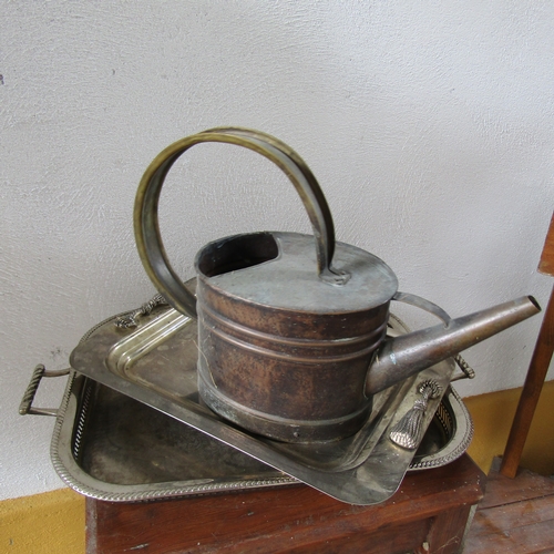 618 - Copper Watering Can and Two Silver Plated Serving Trays One with Ribbon Motif Decoration Three Items... 