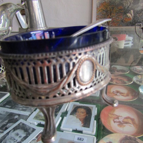 612 - Pair of Oval Form Bristol Blue Glass Lined Silver Plated Table Salts with Silver Spoon