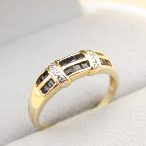 103 - Sapphire and Diamond Ring Modernist Form Mounted on 9 Carat Yellow Gold Band Ring Size R and a Half