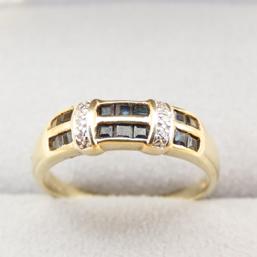 103 - Sapphire and Diamond Ring Modernist Form Mounted on 9 Carat Yellow Gold Band Ring Size R and a Half