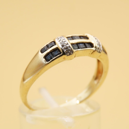 103 - Sapphire and Diamond Ring Modernist Form Mounted on 9 Carat Yellow Gold Band Ring Size R and a Half