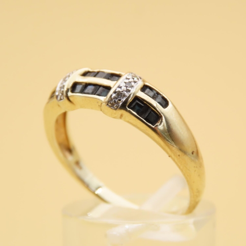 103 - Sapphire and Diamond Ring Modernist Form Mounted on 9 Carat Yellow Gold Band Ring Size R and a Half