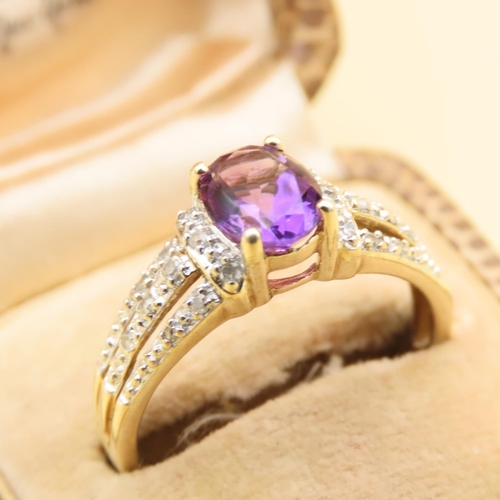 104 - Amethyst and Diamond Ring Four Claw Set 9 Carat Yellow Gold Band Ring Size R