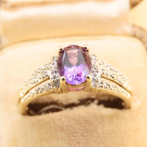 104 - Amethyst and Diamond Ring Four Claw Set 9 Carat Yellow Gold Band Ring Size R