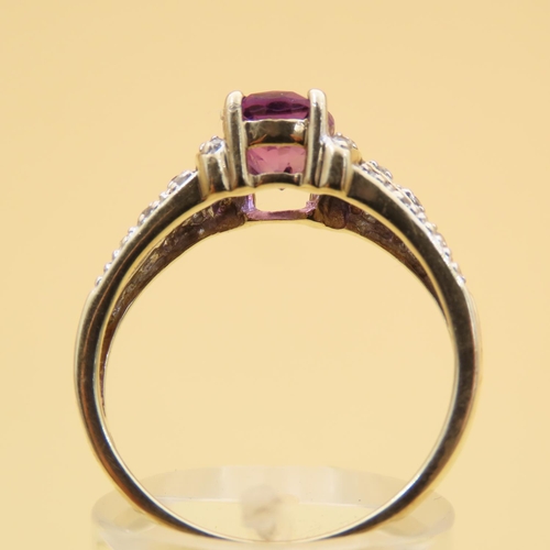 104 - Amethyst and Diamond Ring Four Claw Set 9 Carat Yellow Gold Band Ring Size R