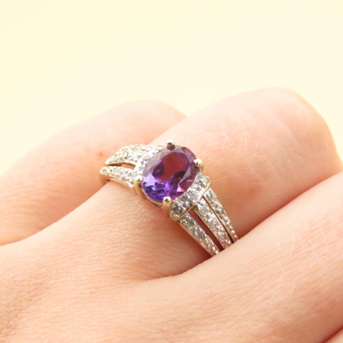 104 - Amethyst and Diamond Ring Four Claw Set 9 Carat Yellow Gold Band Ring Size R