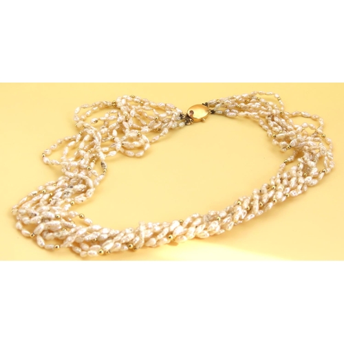 106 - 18 Carat Yellow Gold Clasp and Spacer Decorated Seed Pearl Necklace Naturalistic Form Attractively D... 