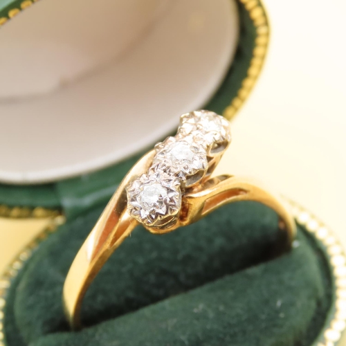 113 - Three Stone Diamond Mounted on 9 Carat Yellow Gold Band Ring Size S and a Half