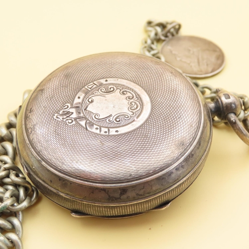 114 - Silver Cased Half Hunter Pocket Watch Roman Numeral Decorated Dial with Albert Chain and Coin Dial 4... 