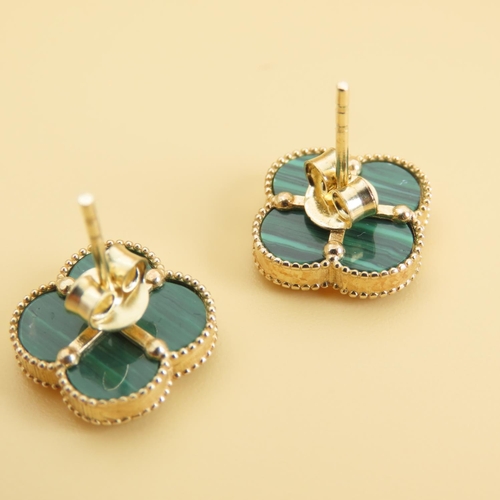12 - Pair of 10 Carat Yellow Gold Mounted Malachite Set Ladies Earrings Each 1.5cm Wide