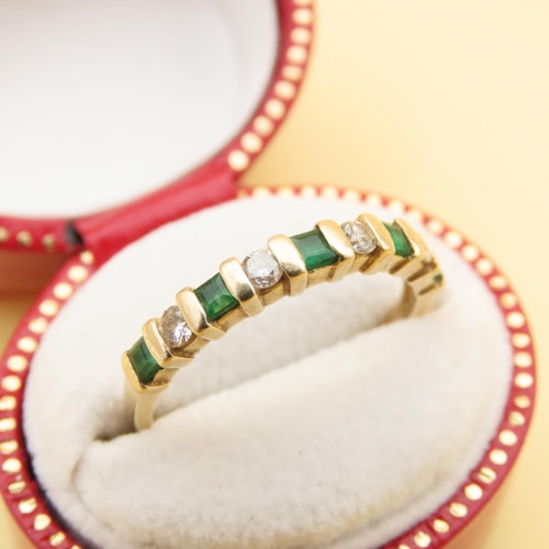 124 - Emerald and Diamond Half Eternity Ring Mounted on 14 Carat Yellow Gold Band Ring Size L