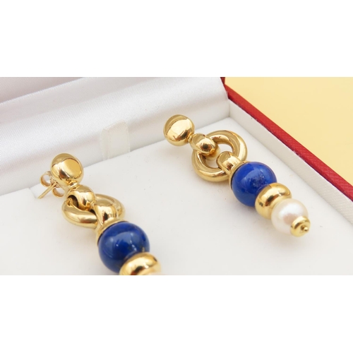 15 - Pair of 18 Carat Yellow Gold Ladies Drop Form Earrings Set with Lapis Lazuli and Pearl Each 5cm Drop