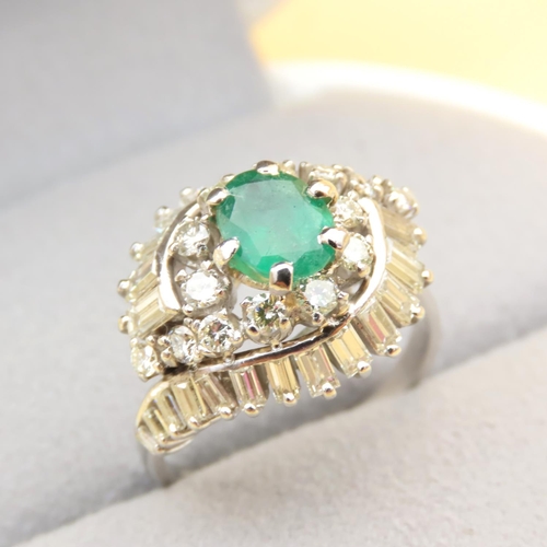 Emerald and Diamond Cluster Ring Attractively Detailed Set in Platinum Band Ring Size Q