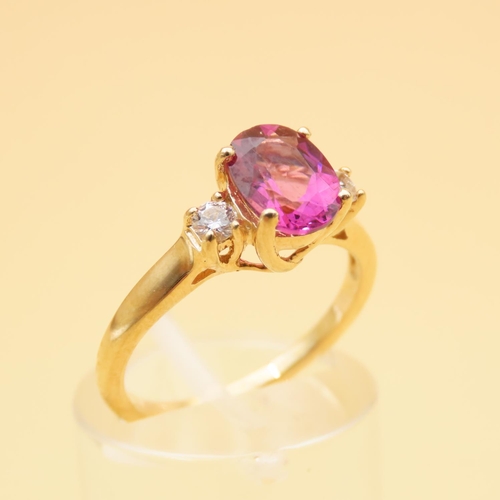 2 - Pink Topaz and Diamond Three Stone Ring Mounted 18 Carat Yellow Gold Ring Band Size L