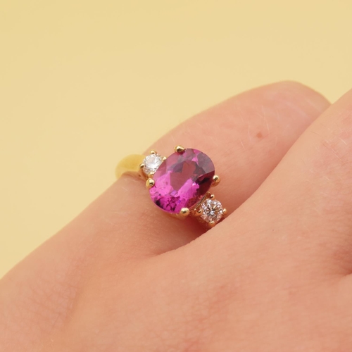 2 - Pink Topaz and Diamond Three Stone Ring Mounted 18 Carat Yellow Gold Ring Band Size L