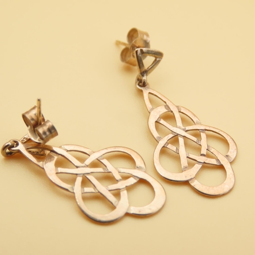 24 - Pair of Celtic Motif 9 Carat Yellow Gold Drop Form Earrings Each 2.5cm Drop