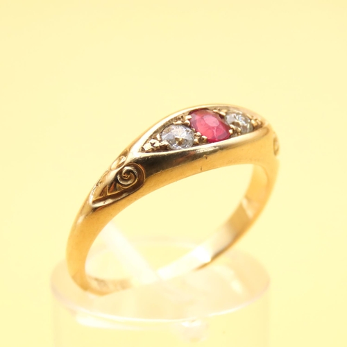 25 - Ruby and Diamond Three Stone Ring Mounted on 18 Carat Yellow Gold Band Ring Size P