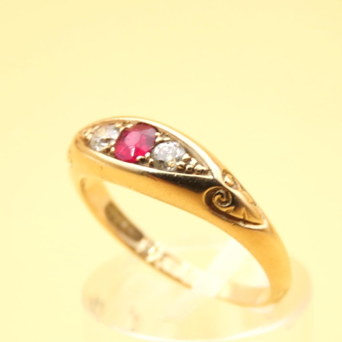 25 - Ruby and Diamond Three Stone Ring Mounted on 18 Carat Yellow Gold Band Ring Size P