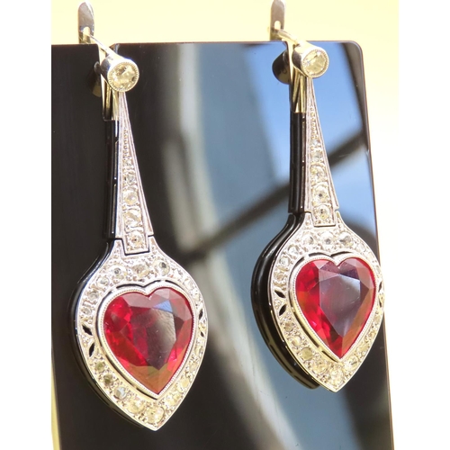 Pair of Ladies Ruby Heart Motif Diamond Set Drop Earrings Mounted on 18 Carat White Gold Each 5cm Drop Attractively Detailed Please Note Matches Previous Lot 253