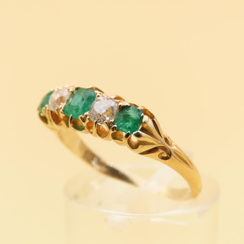 28 - Emerald and Diamond Five Stone Ring Mounted on 18 Carat Yellow Gold Band Ring Size N and a Half