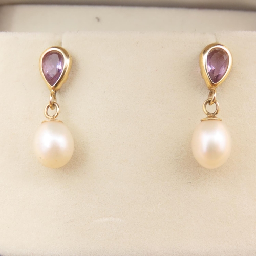 31 - Pair of Pearl and Amethyst Set 9 Carat Yellow Gold Drop Earrings Articulated Form Each 1.5cm Drop