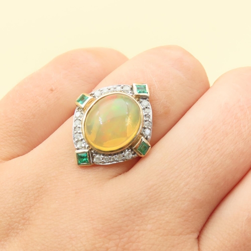 32 - Cabochon Polished Opal and Emerald Set Diamond Ring Mounted on 9 Carat Yellow Gold Band Ring Size N ... 