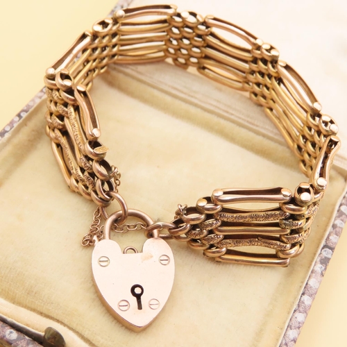 34 - 9 Carat Yellow Gold Five Bar Gate Link Bracelet Articulated Form with Heart Motif Clasp 19cm Long