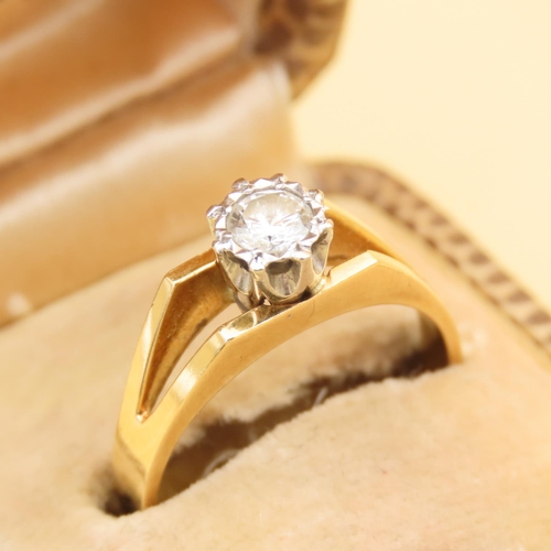 Diamond Solitaire Ring Mounted on 18 Carat Yellow Gold Band Unusual Form Canted Shoulders Ring Size O