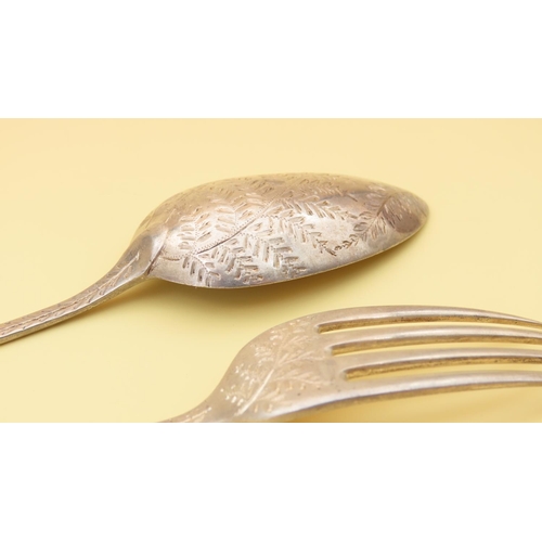 444 - Silver Fork and Spoon Set Bright Cut Detailing Each 16cm Long