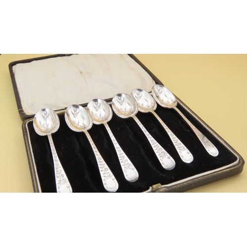 447 - Set of Six Silver Floral Decorated Teaspoons Attractively Detailed Contained within Presentation Cas... 