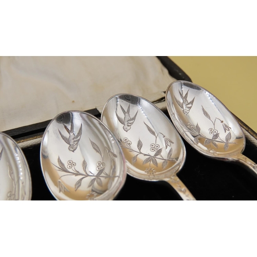 447 - Set of Six Silver Floral Decorated Teaspoons Attractively Detailed Contained within Presentation Cas... 