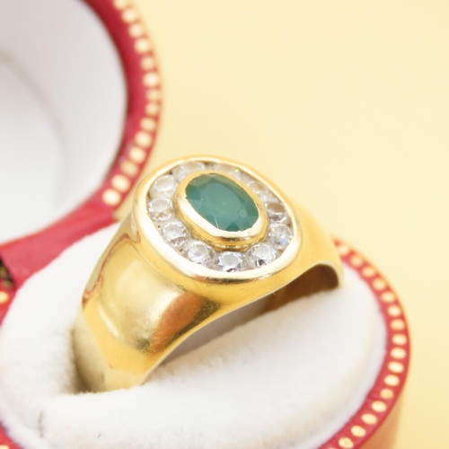 451 - Emerald and Diamond Cluster Ring Rubover Set Mounted on 18 Carat Yellow Gold Band Ring Size L and a ... 