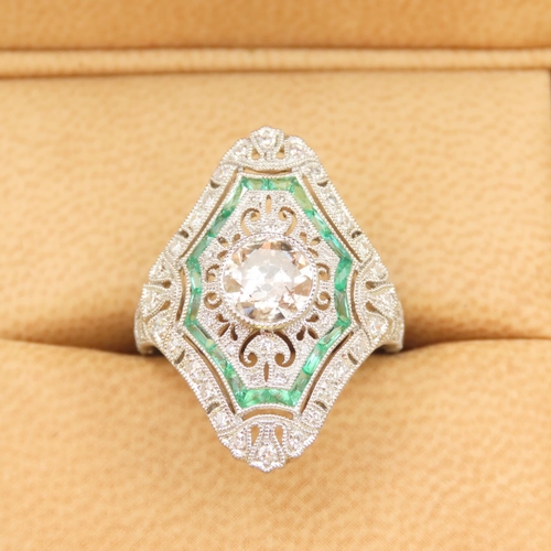 456 - Ladies Emerald and Diamond Ring Mounted on Platinum Intricately Detailed Band Size N