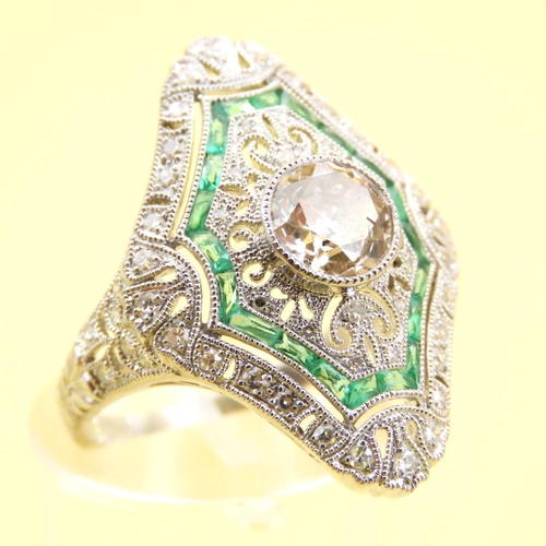 456 - Ladies Emerald and Diamond Ring Mounted on Platinum Intricately Detailed Band Size N