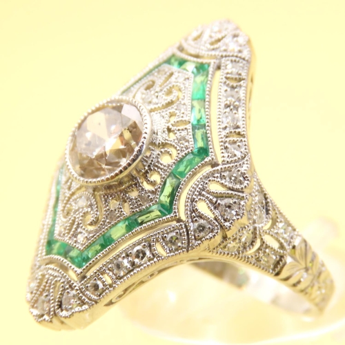 456 - Ladies Emerald and Diamond Ring Mounted on Platinum Intricately Detailed Band Size N