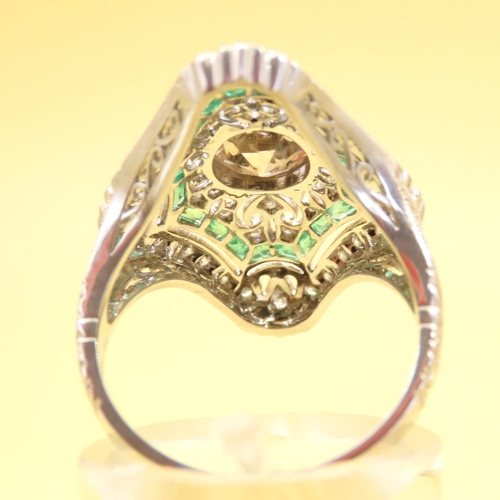 456 - Ladies Emerald and Diamond Ring Mounted on Platinum Intricately Detailed Band Size N