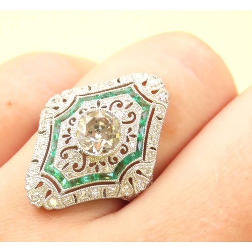 456 - Ladies Emerald and Diamond Ring Mounted on Platinum Intricately Detailed Band Size N