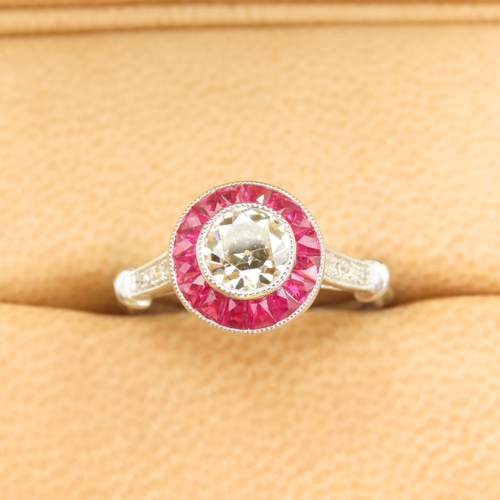 457 - Old European Cut Diamond and Ruby Ring Mounted on Platinum Further Diamond Decoration to Shoulders B... 