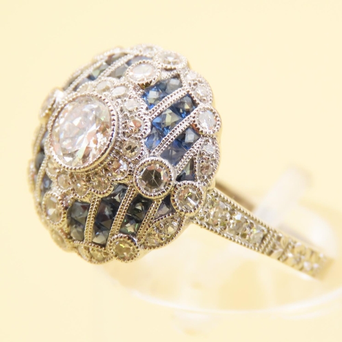 458 - Diamond and Sapphire Ladies Ring Attractively Detailed Mounted on Platinum Band Size M