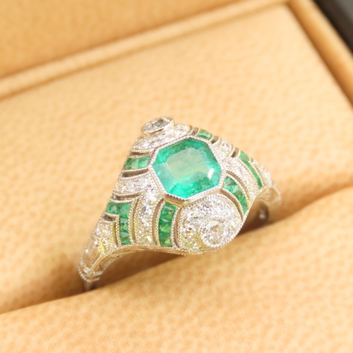 459 - Diamond and Emerald Ring Attractively Detailed Mounted on Platinum Further Emerald and Diamond Decor... 