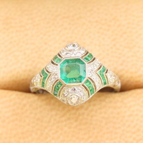 459 - Diamond and Emerald Ring Attractively Detailed Mounted on Platinum Further Emerald and Diamond Decor... 