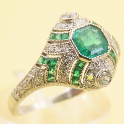 459 - Diamond and Emerald Ring Attractively Detailed Mounted on Platinum Further Emerald and Diamond Decor... 